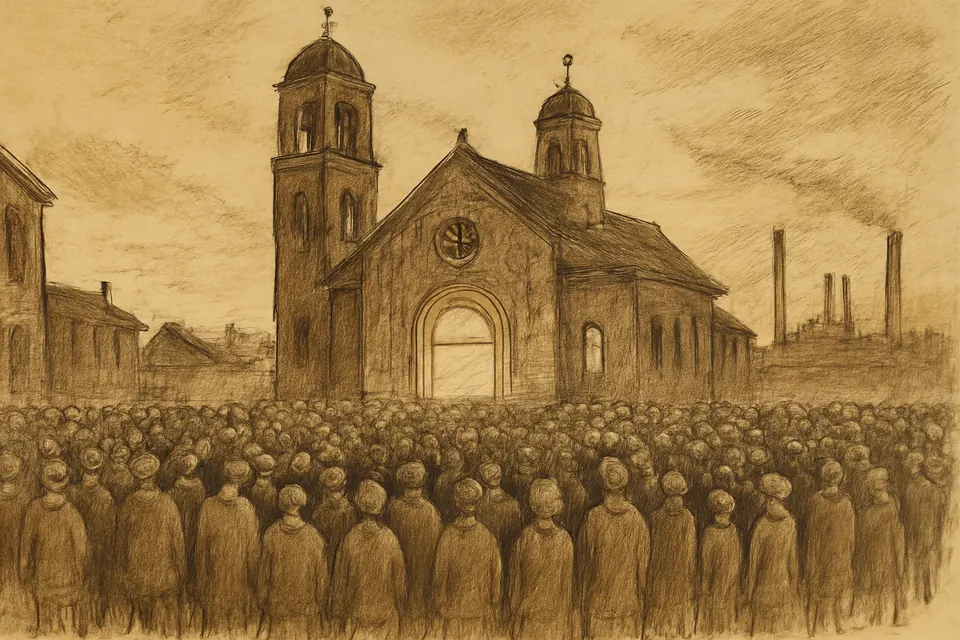 Illustration of a crowd standing outside a Chicago parish church on an October evening in 1929 to hear the St. Jude novena