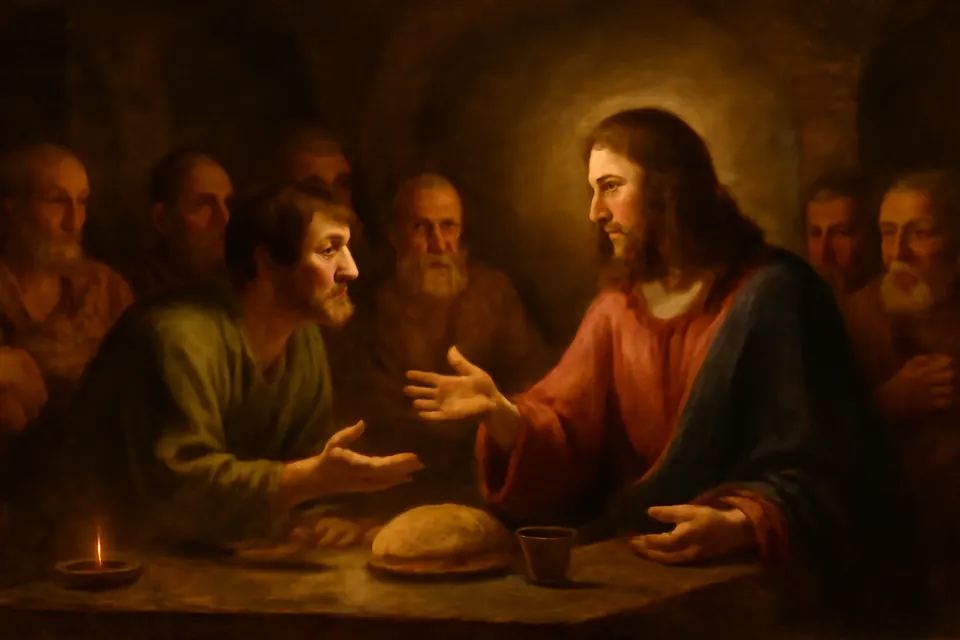 Illustration of the apostle Jude leaning forward at the Last Supper to ask Jesus a question