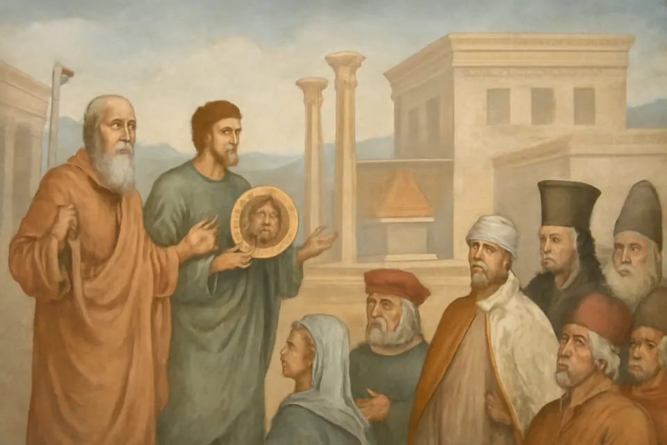 Illustration of the apostles Simon and Jude preaching to a crowd in an ancient Persian city