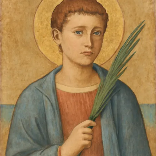 Fresco-style portrait of St. Julian of Antioch as a young man with curly red-brown hair in a blue cloak, holding a martyr's palm