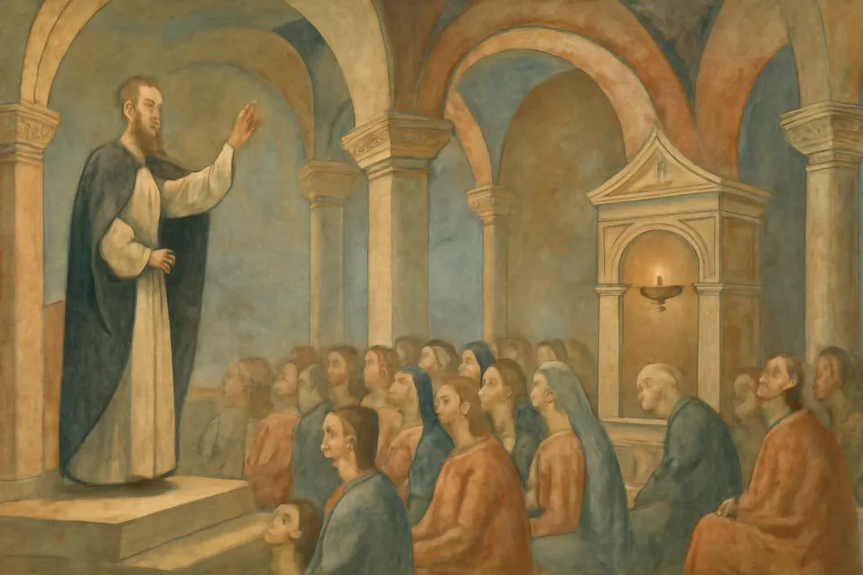 Fresco-style scene of a thin bearded priest preaching to a crowd beside a martyr's shrine in an ancient church