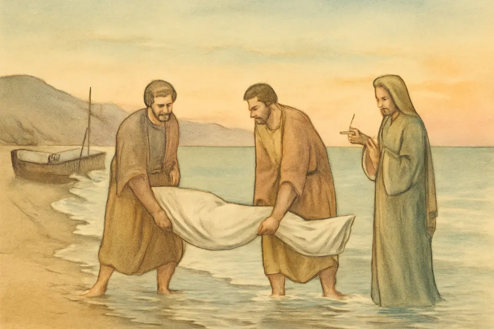 Watercolor-style scene of Christians at dawn lifting a cloth-wrapped body from the surf onto a quiet beach