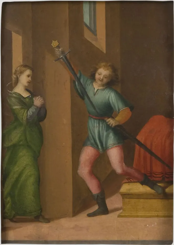 Renaissance painting of a young man in a short blue tunic raising a sword toward a curtained bed while a woman in green stands with hands clasped in the doorway behind him
