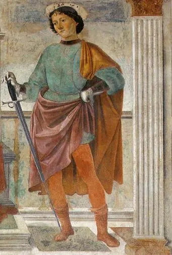 Fresco of a young man in a blue-green tunic, a rose cloak over one arm and red hose, holding a long sword point-down beside a column