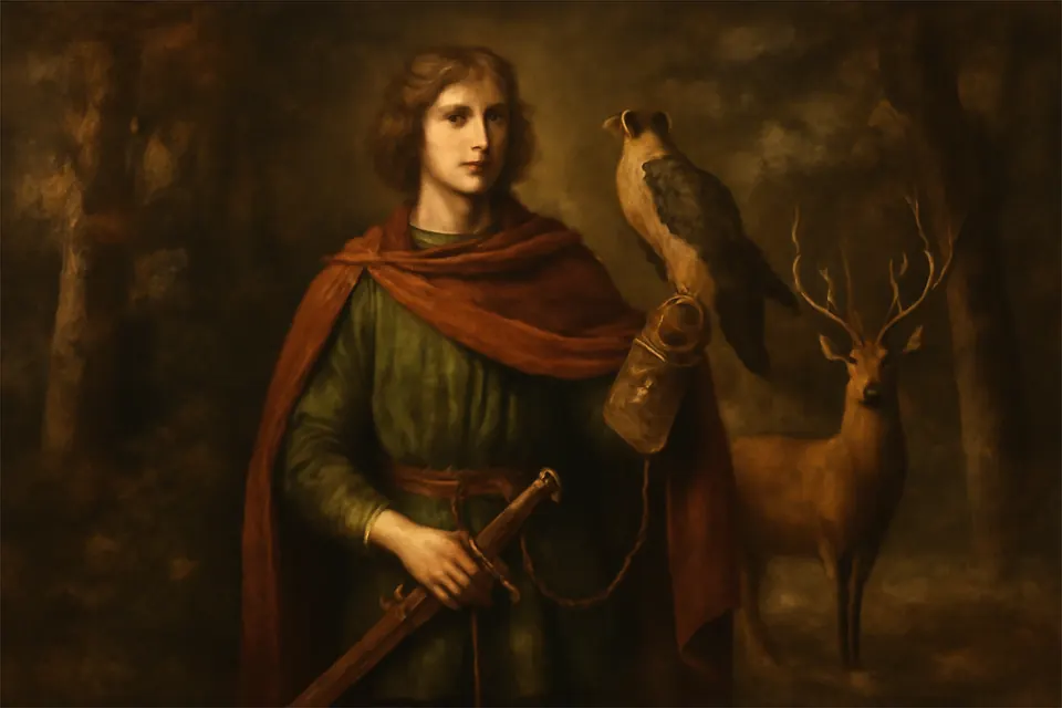 Oil-painting-style figure of a young medieval nobleman holding a sheathed sword with a falcon on his wrist and a stag in the forest behind him