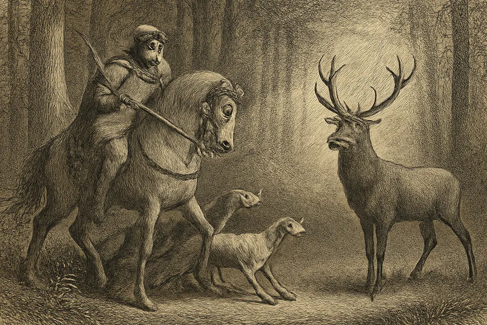 Engraving-style scene of a young hunter on horseback in a forest reining in as a great stag turns to face him