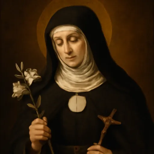 Oil-painting-style portrait of St. Juliana Falconieri in a black Servite habit and white veil, with a small white Host bearing a cross on her breast and a lily in her hand