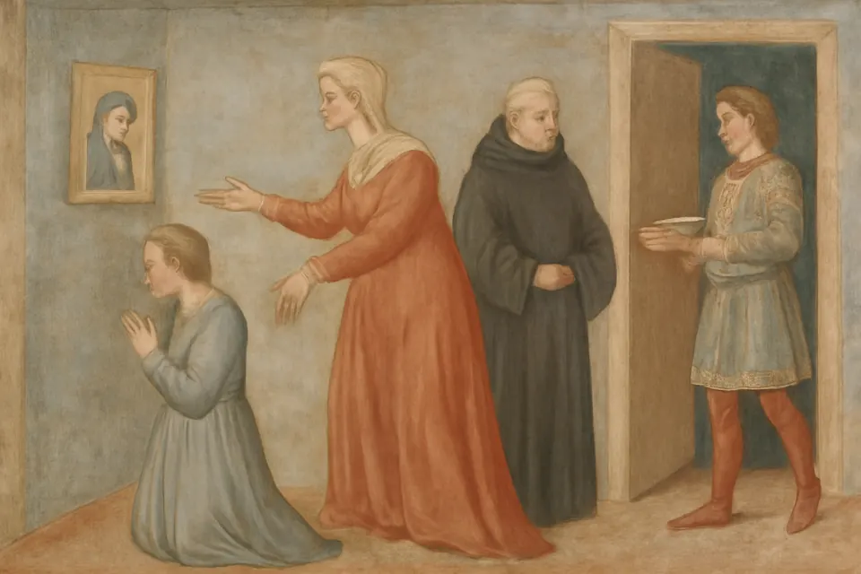 Fresco-style illustration of a young Florentine noblewoman kneeling in prayer before an image of the Virgin while her mother points toward a waiting suitor