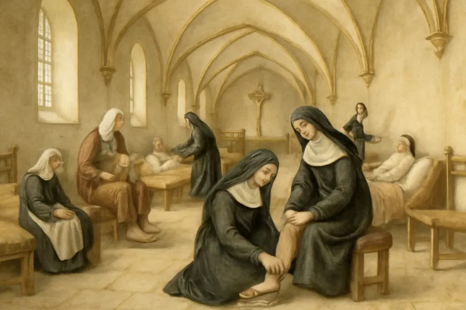 Watercolor-style illustration of medieval Servite sisters in black mantles and white veils caring for sick people in a Florentine hospital ward