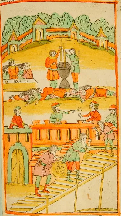 Bright Russian manuscript miniature in red, green and yellow of men handing out bread and coins from a building while starving people lie on the ground below