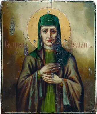 Worn icon of an older woman with a gentle, tired face, in a dark green head covering and brown mantle, her right hand at her breast
