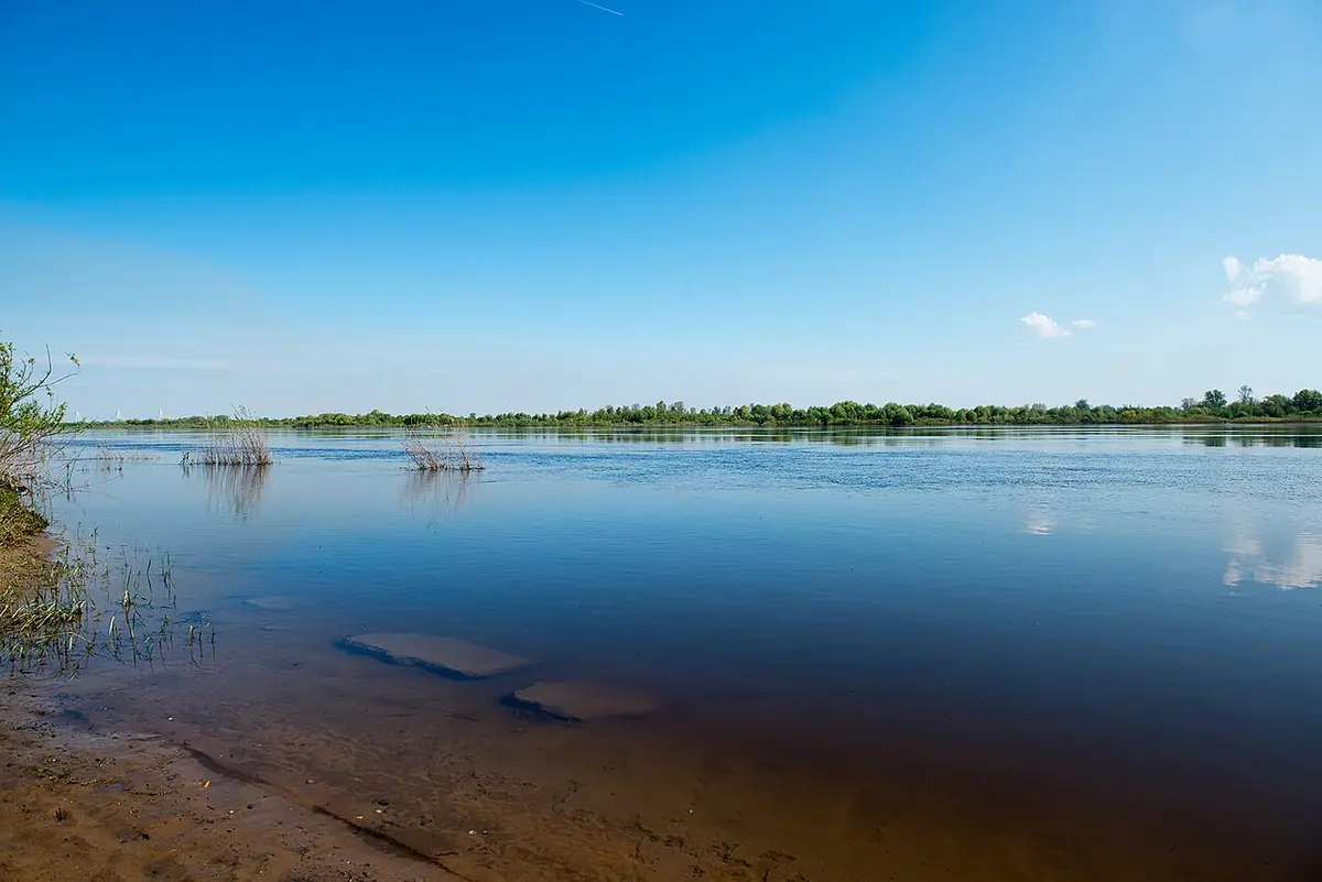 The wide, calm Oka River under a clear blue sky, with low green banks in the distance