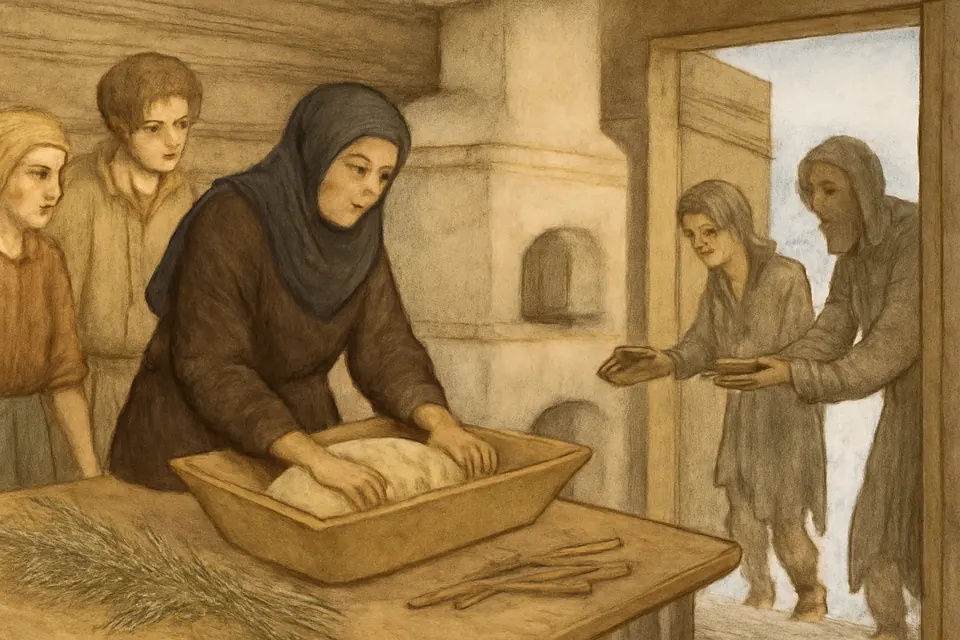 Watercolor-style scene of St. Juliana of Lazarevo and her household baking dark bread from goosefoot and tree bark to feed beggars during the famine