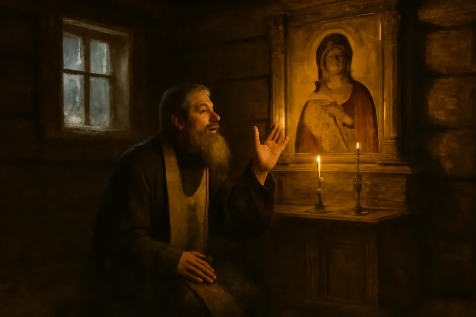 Oil-painting-style scene of a village priest kneeling before an icon of the Mother of God in a dim wooden church, hearing a voice tell him to honor merciful Juliana