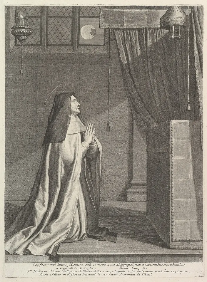 Engraving of a kneeling nun praying in a chapel with lamps hanging from the ceiling and the moon visible through a window, with a Latin and French inscription below
