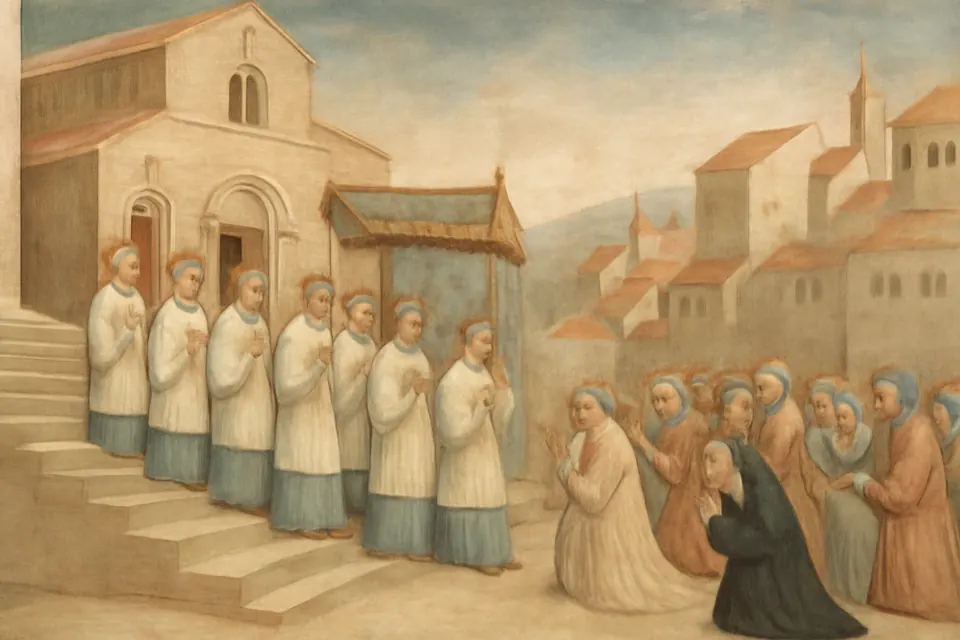 Fresco-style scene of the first Corpus Christi celebration at the church of St. Martin in Liège, canons carrying the Blessed Sacrament under a canopy