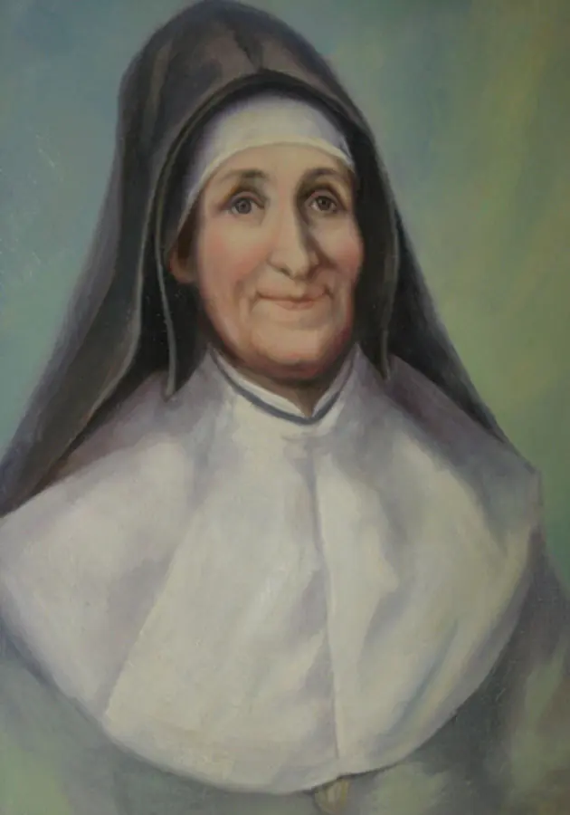 Painted portrait of an older woman with a warm smile, in a dark veil over a white cap and a broad white collar