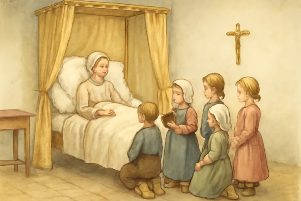 Watercolor-style illustration of a woman confined to bed teaching the catechism to village children gathered around her