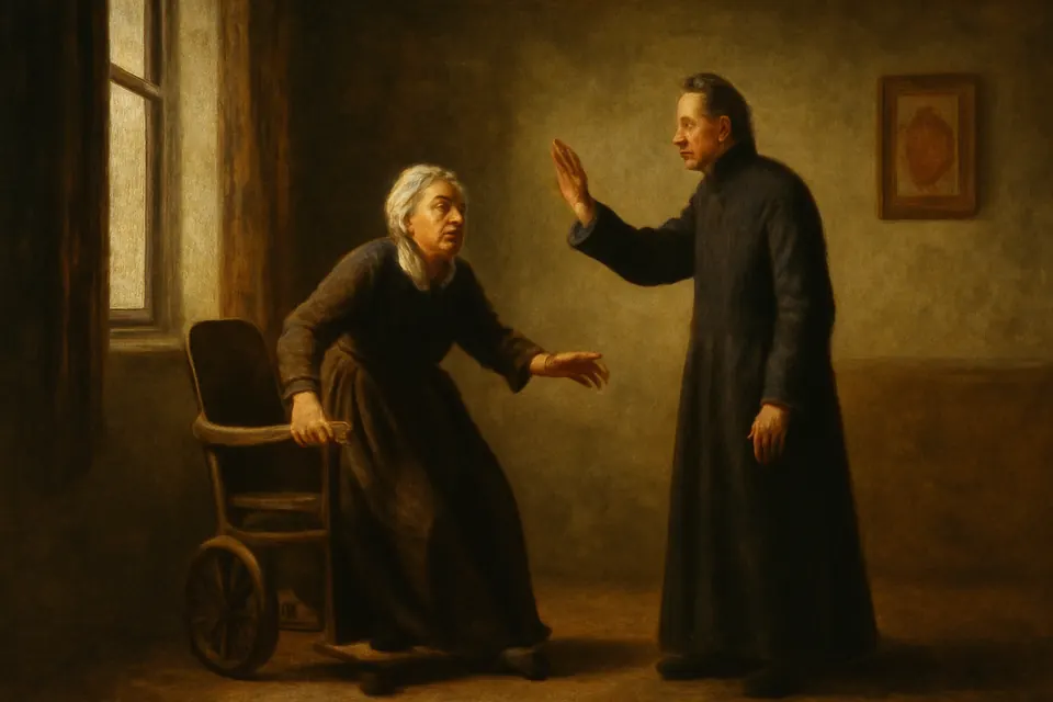 Oil-painting-style illustration of a paralyzed woman rising from her chair to take her first steps at a priest's word in a plain room in Amiens