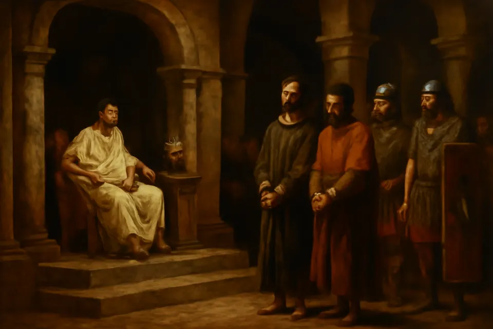 Oil-painting-style scene of two Romano-British men standing calmly before a Roman magistrate in a stone hall while soldiers guard them