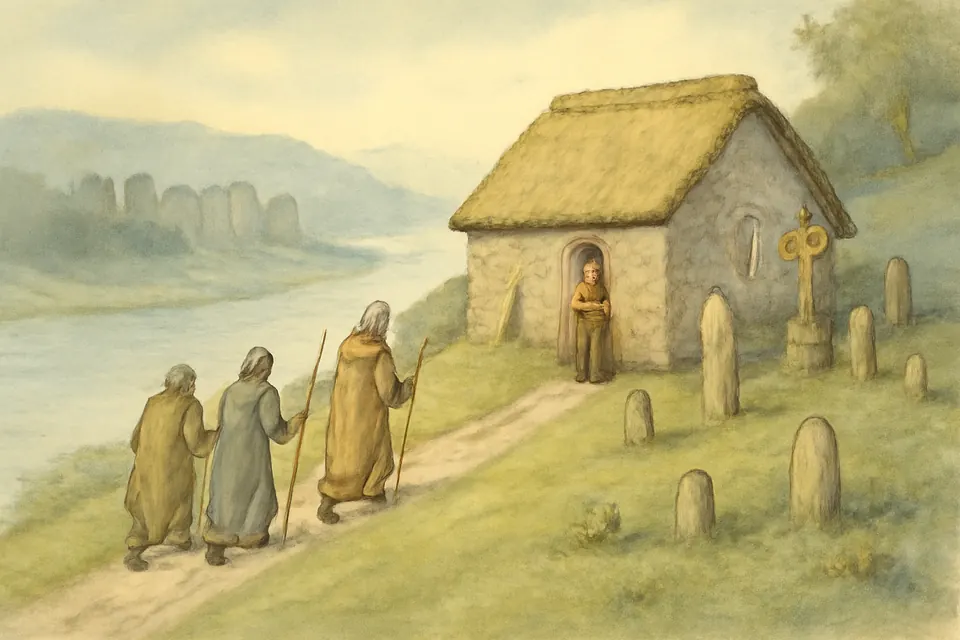 Watercolor-style scene of a small stone chapel beside a burial ground on a hillside above a river, with pilgrims approaching