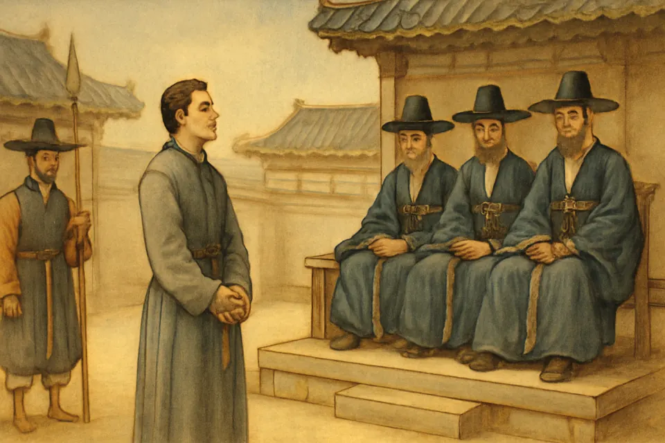 Watercolor scene of a young European priest in a plain robe, his hands bound with cord, standing calmly before Korean officials in a courtyard