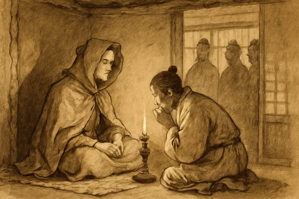 Ink-and-wash scene of a young European priest in a Korean mourner's hood and robe hearing confessions by lamplight in a small room of a Korean house, while Christians wait outside