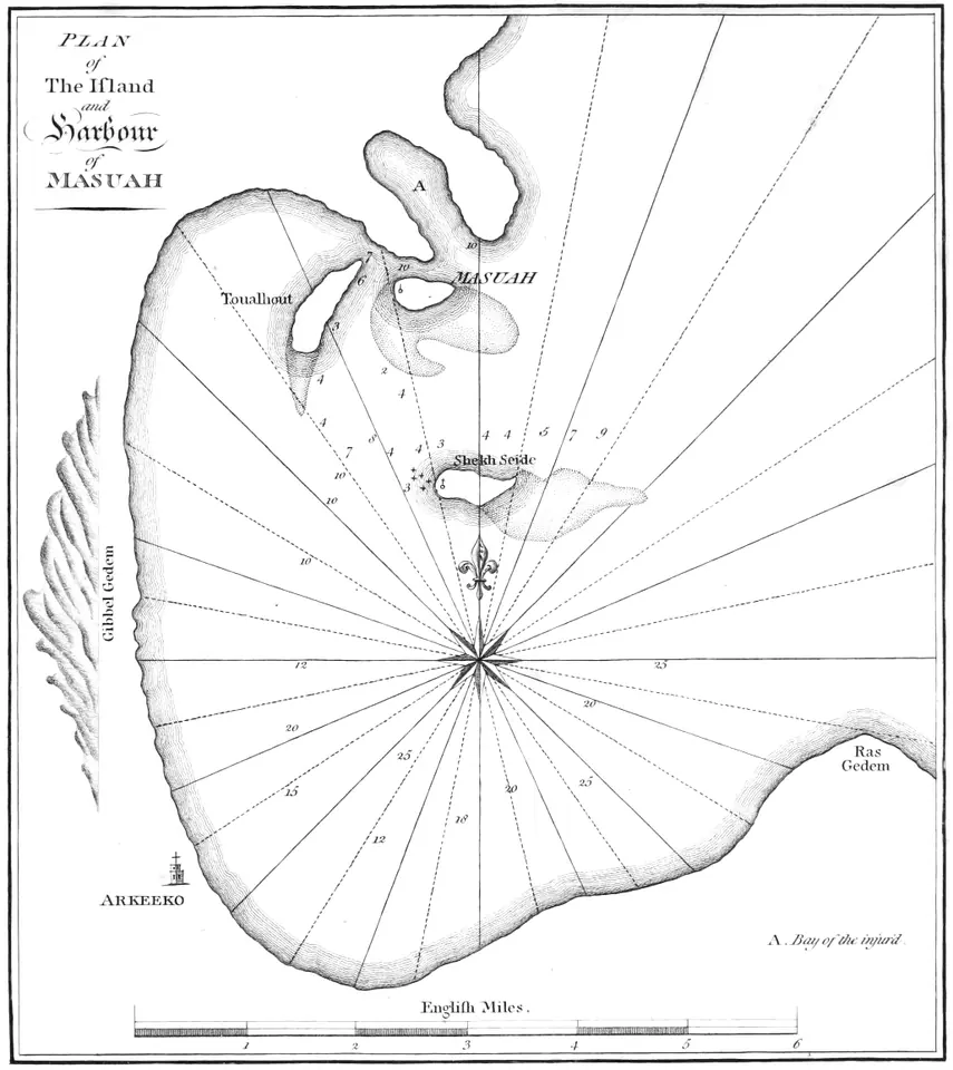 An eighteenth-century engraved chart of the bay and island of Massawa on the Red Sea, with compass lines and depth soundings