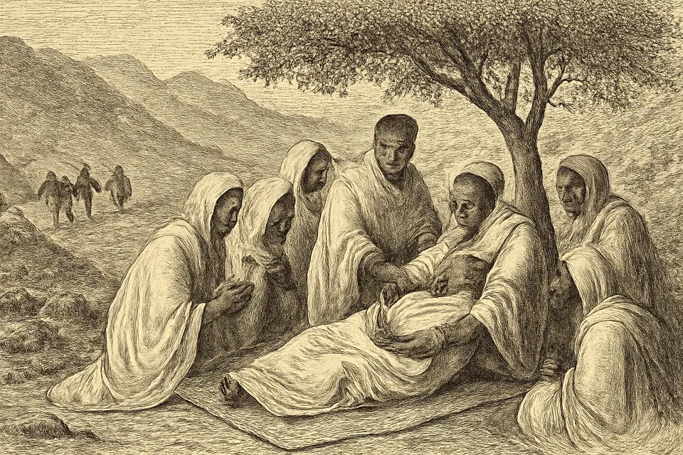 Engraving-style scene of a dying missionary bishop lying on a mat beside a rocky path, surrounded by kneeling Ethiopian disciples