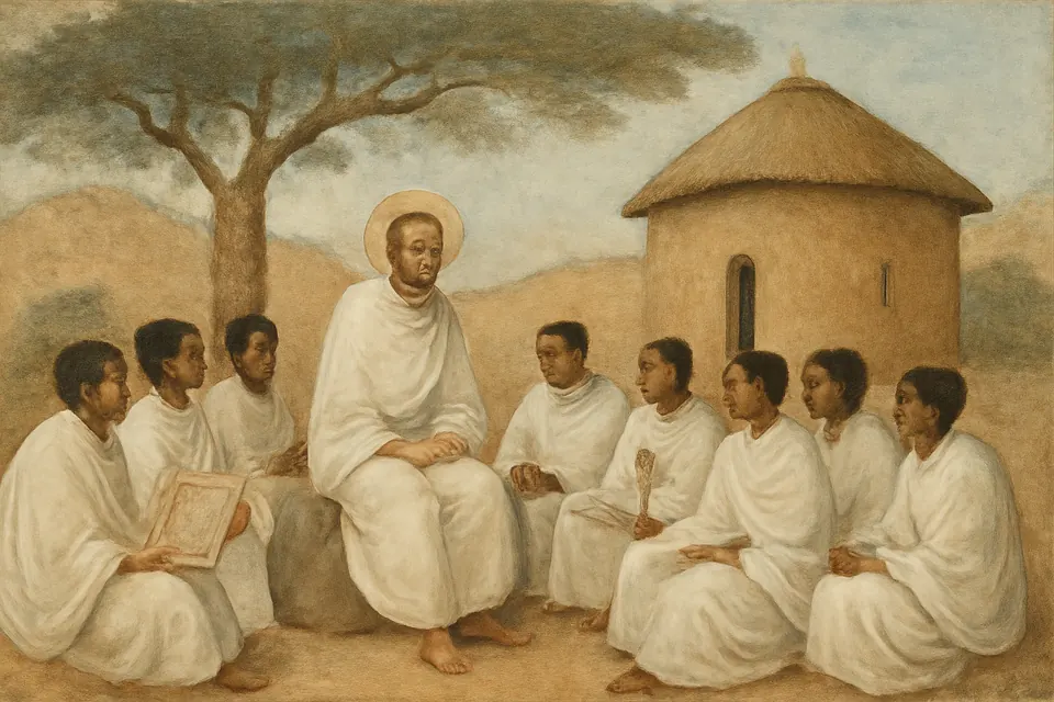 Fresco-style scene of a bearded missionary in a white shamma sitting under a tree with young Ethiopian students reading from parchment books