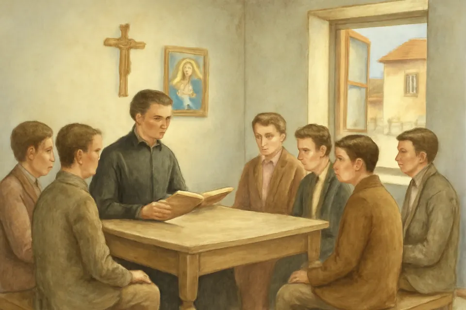 Watercolor-style scene of a young priest in a black cassock reading to a group of teenage boys around a table in a simple family house