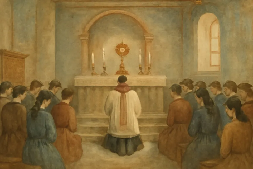 Fresco-style scene of a parish priest kneeling before a monstrance on the altar of a country church, with young men and women kneeling behind him
