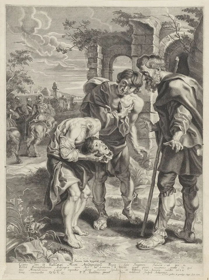 Engraving of a young man bending forward and holding his own head in his hands before three astonished men, one an old man with a staff, near a ruined arch
