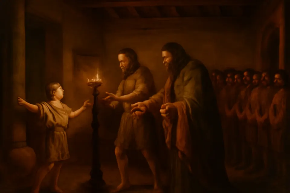 Oil-painting-style scene of a boy at a doorway pointing to a man kindling lamps in a Roman house in the evening, while his father pays a householder