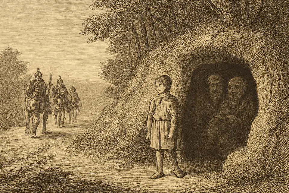 Engraving-style scene of a boy standing guard outside a cave on a wooded hillside as horsemen approach along a Roman road
