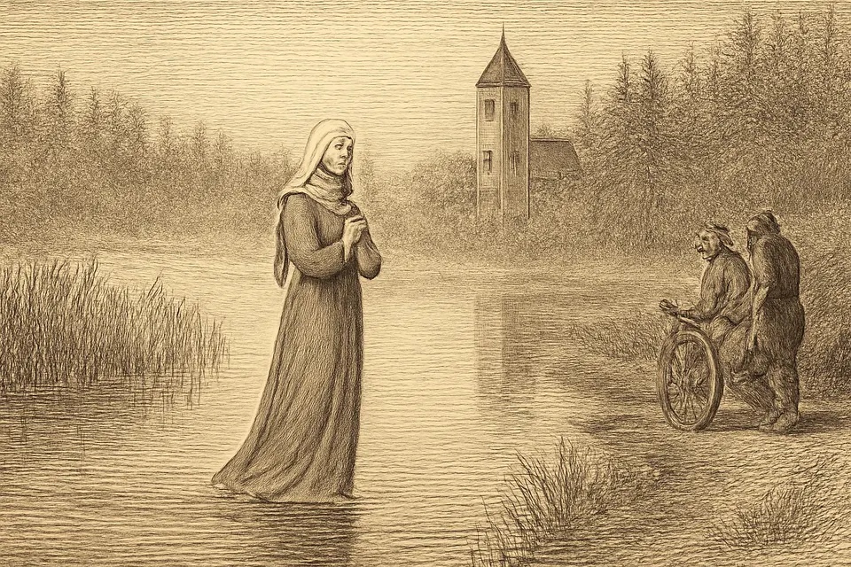 Engraving-style scene of a woman in a gray habit walking calmly across the still water of a lake toward a church tower at dawn, while peasants watch from the shore