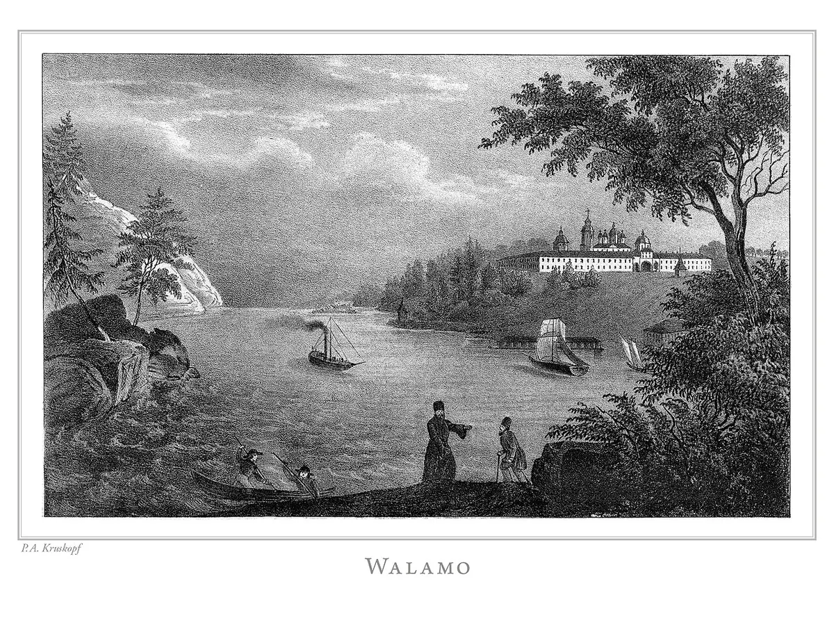Lithograph of a large white monastery on a wooded island across a lake, with sailing boats on the water and two figures on the rocky shore in the foreground