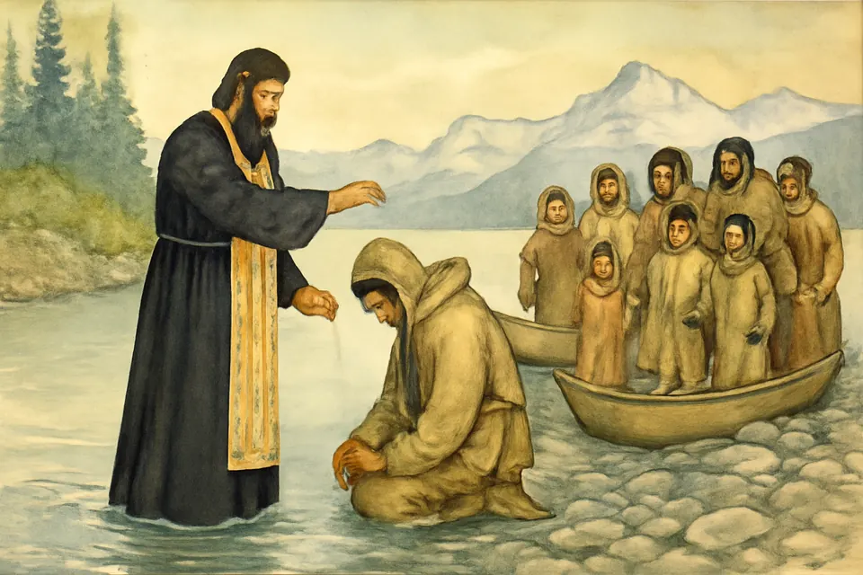 Watercolor-style scene of a monk-priest baptizing Alaska Native people at the shore of a cold northern bay, with skin boats pulled up on the beach