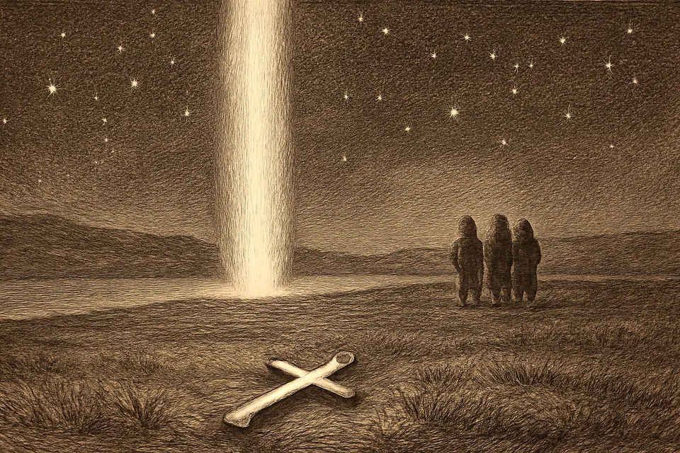 Engraving-style scene of a column of light rising from the tundra beside a river into the night sky, with a small brass cross lying in the grass