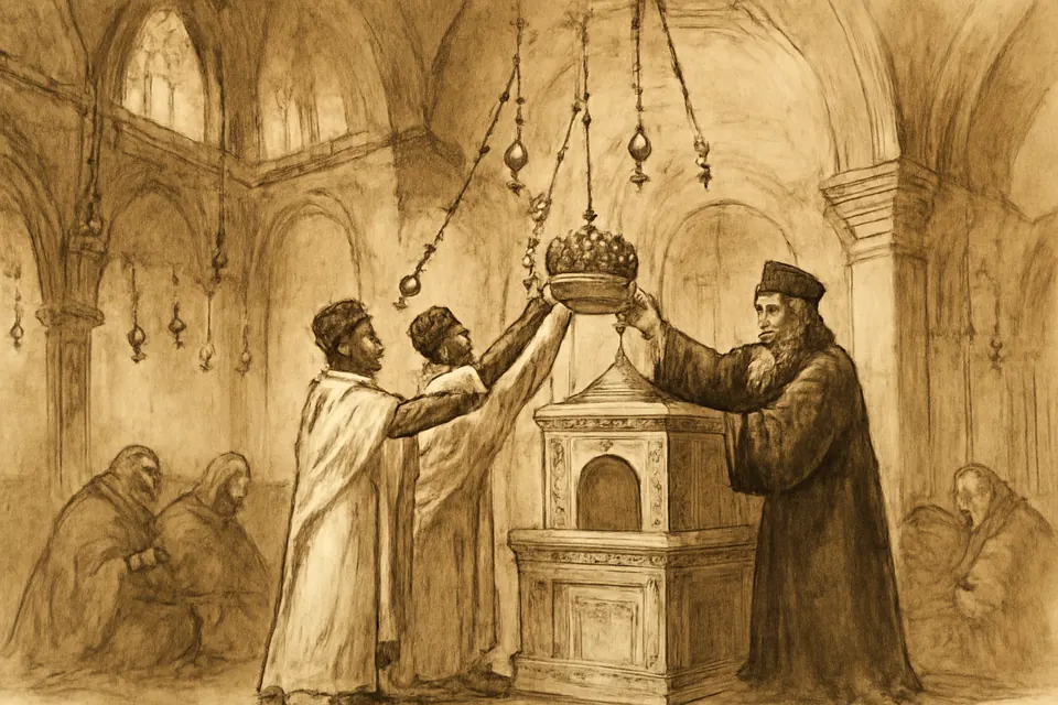 Ink-drawing-style scene of envoys of King Kaleb offering his crown to be hung near the tomb of Christ in Jerusalem