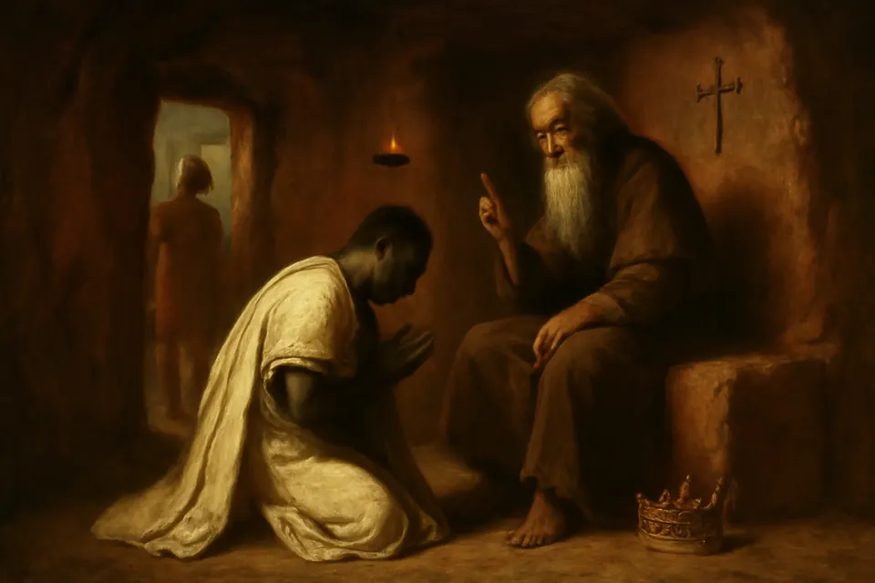 Oil-painting-style scene of King Kaleb kneeling before an old hermit in a rock cell to ask why his first campaign failed