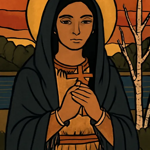 Oil-painting-style portrait of St. Kateri Tekakwitha, a young Mohawk woman in a dark shawl and deerskin dress, holding a small wooden cross against her chest