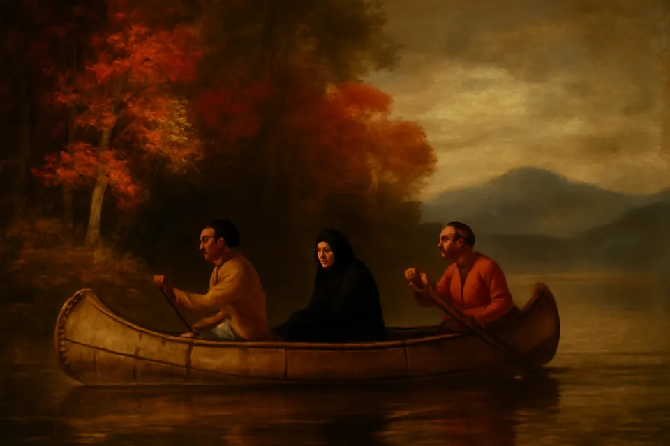 Illustration of a young Mohawk woman traveling north by birchbark canoe with two Christian companions in 1677