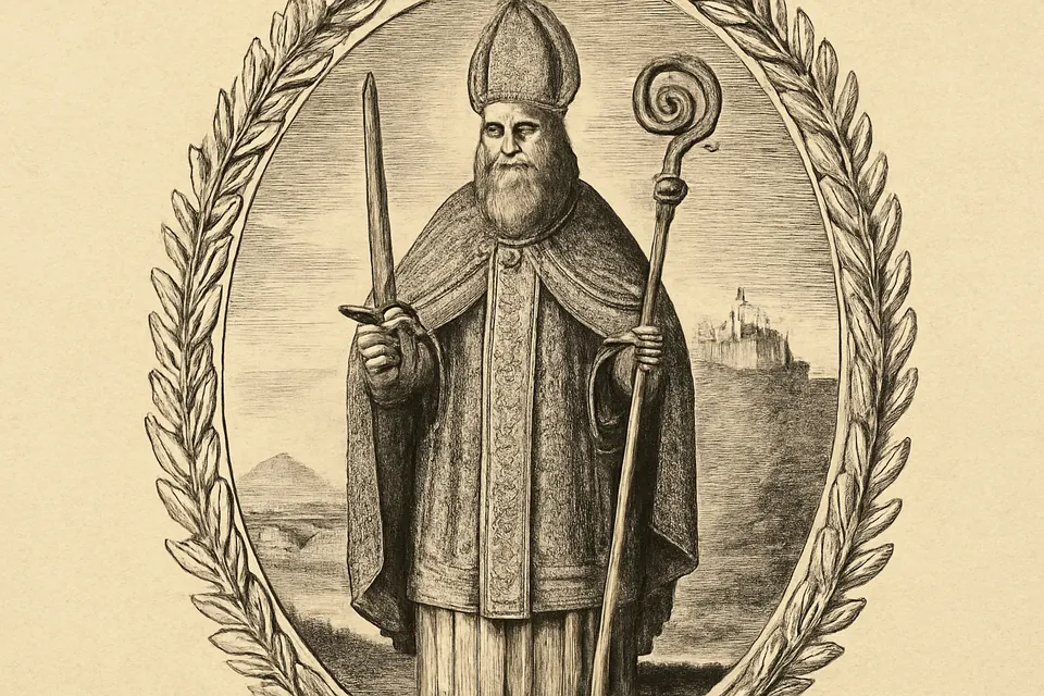 Engraving-style illustration of St. Kilian as a bishop in miter and cope, holding a crozier in one hand and a sword in the other