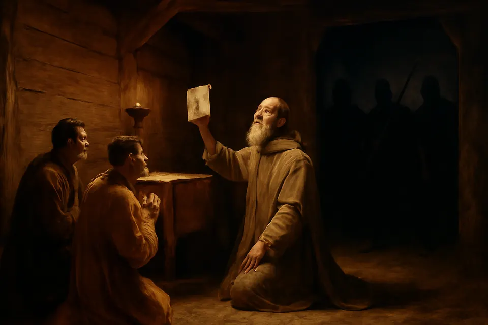 Illustration of Kilian and his two companions at night prayer, holding up a Gospel book toward armed men in the doorway