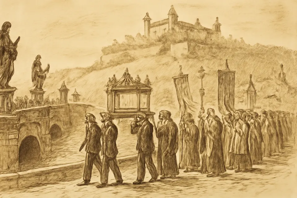 Illustration of the Kiliani procession carrying the crystal shrine of the three skulls across Würzburg's Old Main Bridge