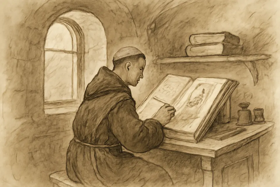 Ink drawing of a medieval monk in a scriptorium copying a manuscript by candlelight, with a painted miniature of a bishop on the facing page
