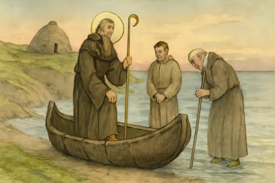 Illustration of a group of Irish monks with tonsured heads pushing a hide-covered boat out from a rocky harbor in Kerry