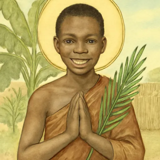 Watercolor-style portrait of St. Kizito as a smiling fourteen-year-old Ugandan boy in a bark-cloth robe, hands joined, holding a palm