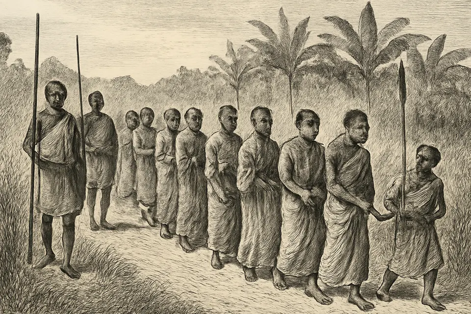 Engraving-style illustration of a line of young men and boys roped together walking along a road, the smallest boy at the end smiling